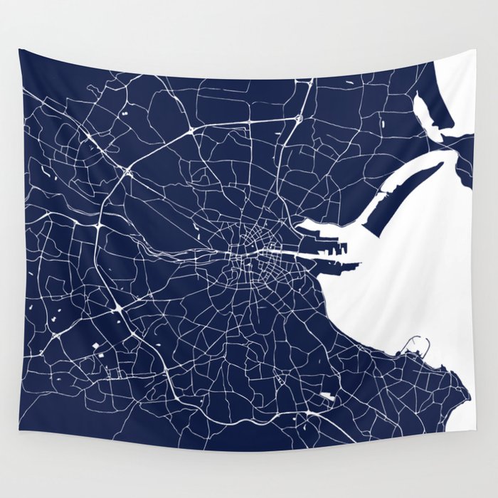 Dublin Street Map Navy Blue and White Wall Tapestry