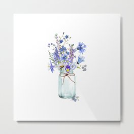 Hand Painted Scandinavian Watercolor Blue Flowers & Cornflowers  Bouquet Metal Print