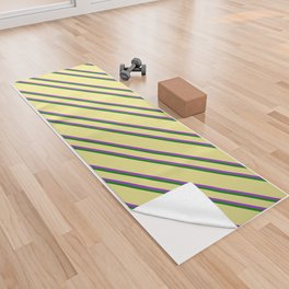 [ Thumbnail: Tan, Dark Orchid & Green Colored Lined/Striped Pattern Yoga Towel ]
