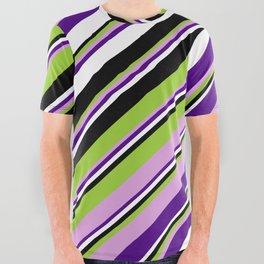 [ Thumbnail: Green, Plum, Indigo, White & Black Colored Lines/Stripes Pattern All Over Graphic Tee ]