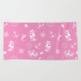 Pink And White Silhouettes Of Vintage Nautical Pattern Beach Towel