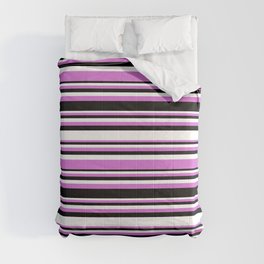 [ Thumbnail: Orchid, Black, and White Colored Striped/Lined Pattern Comforter ]
