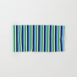 [ Thumbnail: Eyecatching Royal Blue, Sky Blue, Forest Green, Light Cyan, and Black Colored Lines/Stripes Pattern Hand & Bath Towel ]