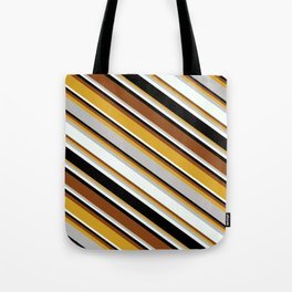 [ Thumbnail: Eyecatching Goldenrod, Grey, Mint Cream, Black, and Brown Colored Stripes Pattern Tote Bag ]