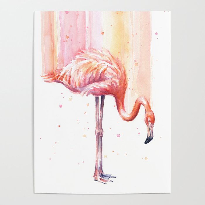 Pink Flamingo Watercolor Bird Animals Whimsical Animal Poster