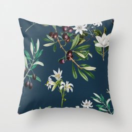 Olives,flowers,branches,white flowers,navy background  Throw Pillow