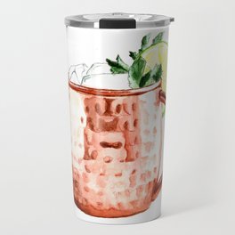 Cocktails. Moscow Mule. Watercolor Painting. Travel Mug