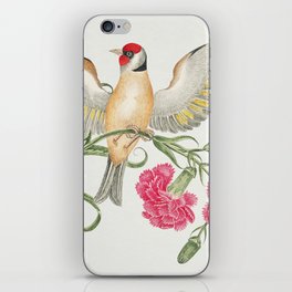 Illustration of a brown bird with red head on carnation stem with butterflies iPhone Skin