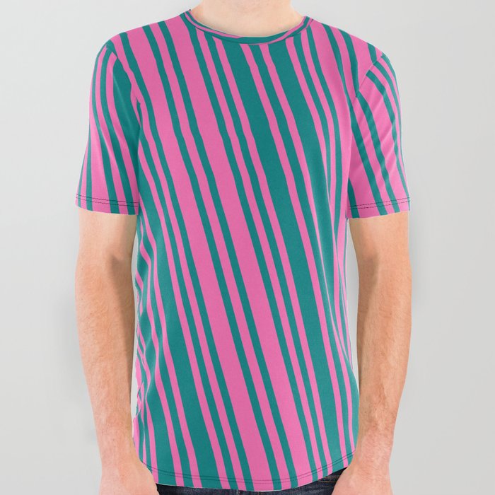Hot Pink and Teal Colored Pattern of Stripes All Over Graphic Tee