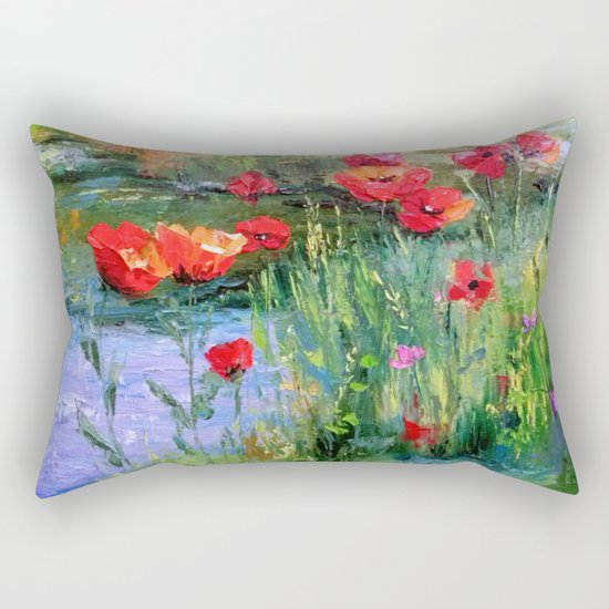 Poppies in a field near a pond Rectangular Pillow