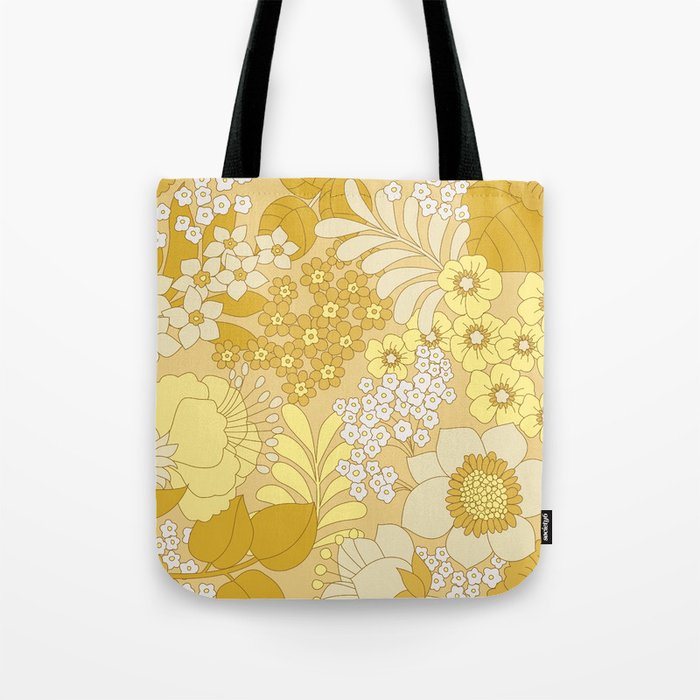 Yellow, Ivory & Brown Retro Floral Pattern Tote Bag