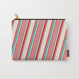 [ Thumbnail: Light Coral, Dark Turquoise, Beige & Red Colored Lines/Stripes Pattern Carry-All Pouch ]
