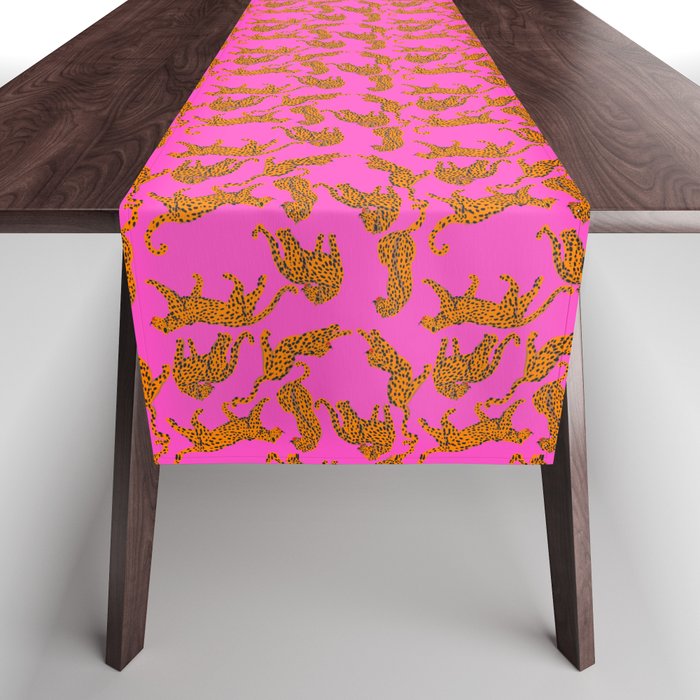 Abstract leopard with red lips illustration in fuchsia background  Table Runner