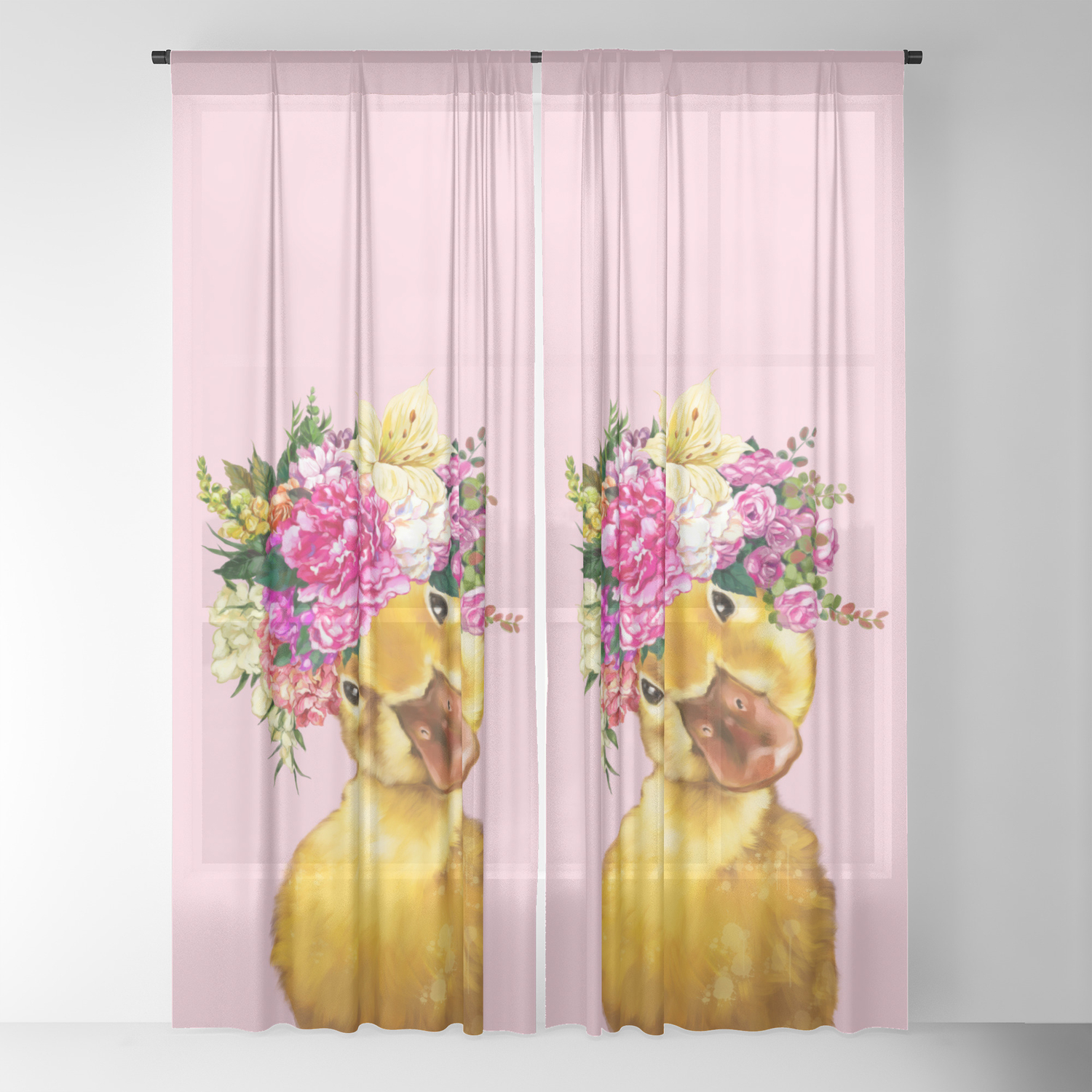 Flower Crown Baby Duck In Pink Sheer Curtain By Big Nose Work Society6