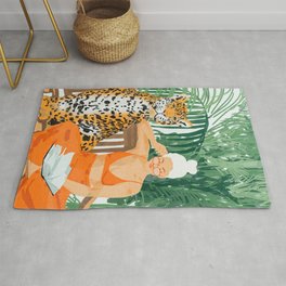 Jungle Vacay | Modern Bohemian Blonde Woman Tropical Travel | Leopard Wildlife Forest Reader Area & Throw Rug