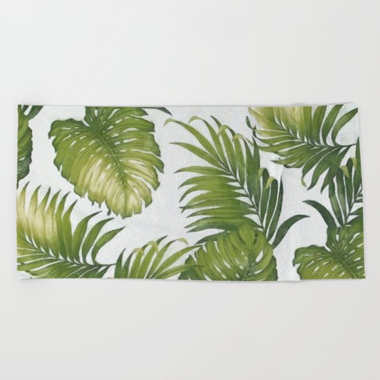 Monstera and palm leaves Beach Towel