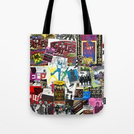 British Rock and Roll Invasion Fab Four Vintage Concert Rock and Roll Painting Collage portrait Tote Bag