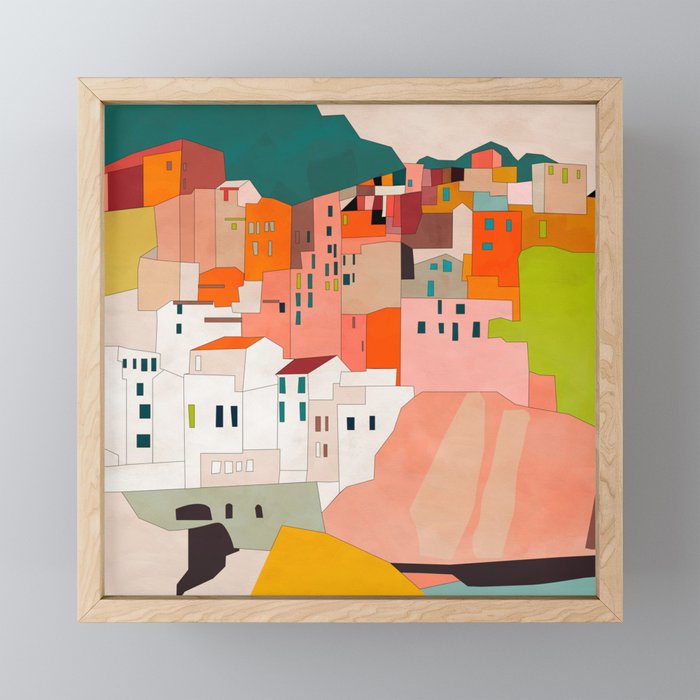 Italy Coast Houses Minimal Abstract Painting Framed Mini Art Print