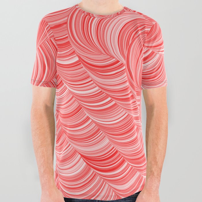 Red and White Swirly Peppermint Abstract Pattern All Over Graphic Tee