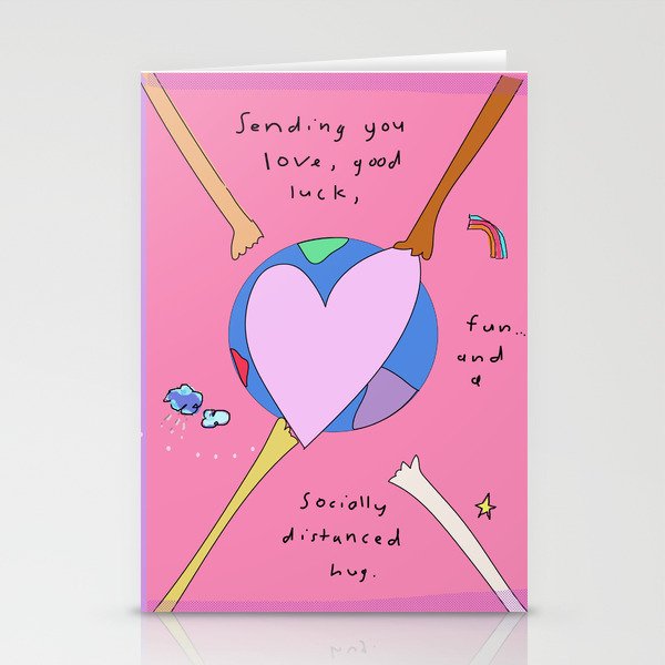 socially distanced Stationery Cards | Drawing, Quarantine, Hug, Social-distance, Heart, World, Hands, Pink, Cartoon, Line-drawing