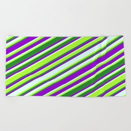[ Thumbnail: Dark Violet, Light Cyan, Light Green & Forest Green Colored Lines Pattern Beach Towel ]