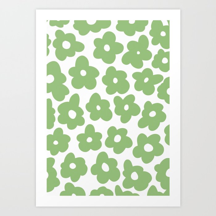 Psychedelic Sage Green 60's Flowers 2 Art Print