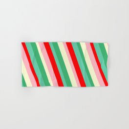 [ Thumbnail: Vibrant Sea Green, Aquamarine, Red, Light Pink, and Light Yellow Colored Stripes Pattern Hand & Bath Towel ]