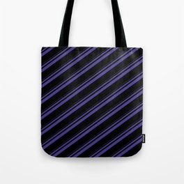 [ Thumbnail: Dark Slate Blue and Black Colored Striped Pattern Tote Bag ]