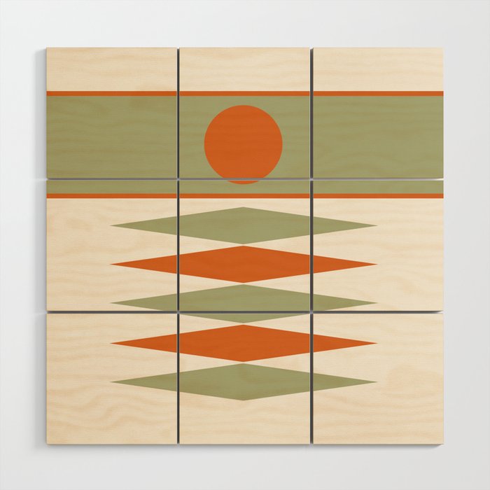 Abstract Geometric Sunrise 14 in Sage Green Orange Wood Wall Art