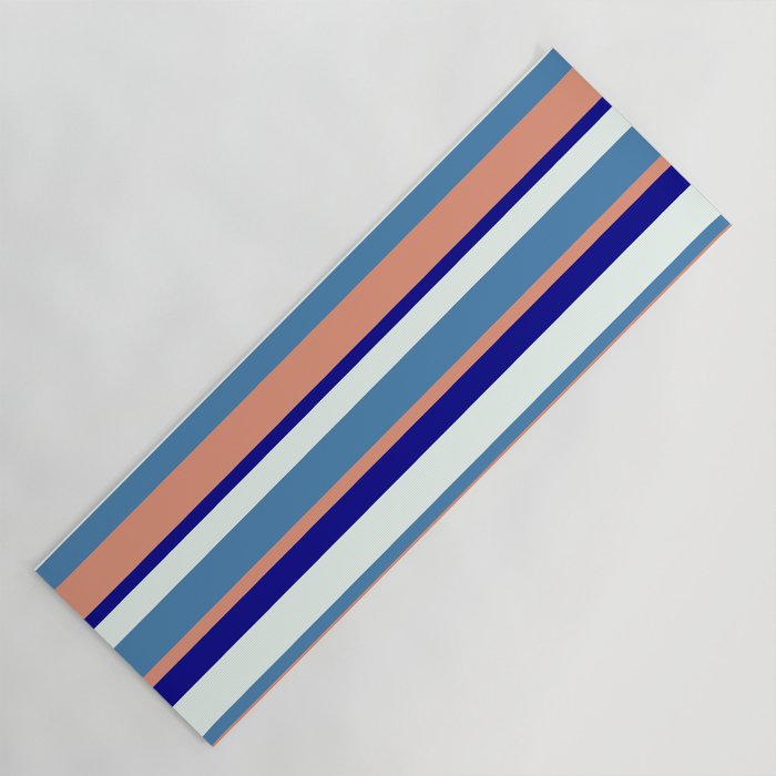 Blue, Dark Salmon, Dark Blue & Mint Cream Colored Stripes Pattern Yoga Mat
