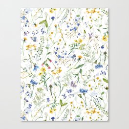 Scandinavian Midsummer Blue And Yellow Wildflowers Meadow  Canvas Print