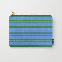 [ Thumbnail: Forest Green & Cornflower Blue Colored Lined Pattern Carry-All Pouch ]