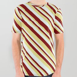 [ Thumbnail: Maroon, Tan, and Mint Cream Colored Stripes Pattern All Over Graphic Tee ]