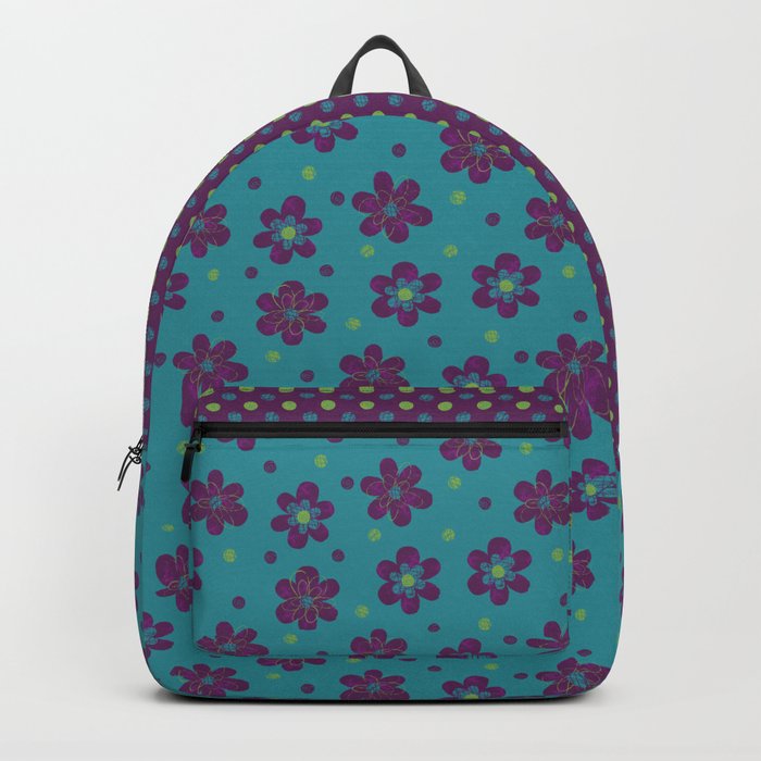 Doodle Dots Large Flower Pattern - Purple Green Teal Backpack