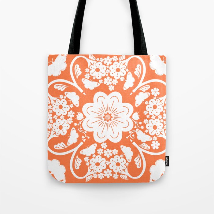 Retro Modern Butterflies And Flowers Silhouette Bandana Orange Tote Bag