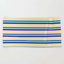 [ Thumbnail: Tan, Light Sea Green & Blue Colored Striped Pattern Beach Towel ]