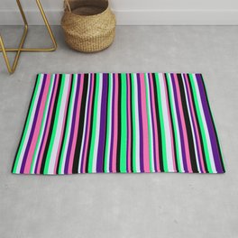 [ Thumbnail: Eye-catching Green, Lavender, Indigo, Hot Pink & Black Colored Lines/Stripes Pattern Rug ]