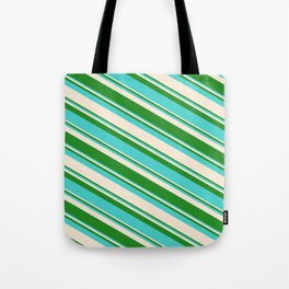 [ Thumbnail: Forest Green, Turquoise & Beige Colored Striped Pattern Tote Bag ]