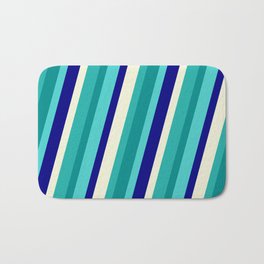 [ Thumbnail: Eye-catching Light Sea Green, Dark Cyan, Turquoise, Blue, and Beige Colored Stripes/Lines Pattern Bath Mat ]