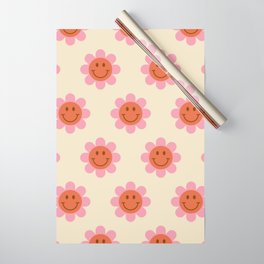 70s Retro Smiley Floral Face Pattern in Pink, Beige and Orange Wrapping Paper