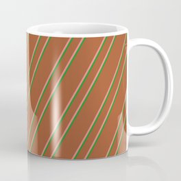 [ Thumbnail: Sienna, Light Coral & Forest Green Colored Stripes Pattern Coffee Mug ]