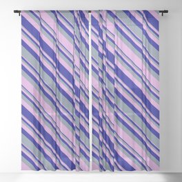 [ Thumbnail: Light Slate Gray, Plum, and Dark Blue Colored Lines/Stripes Pattern Sheer Curtain ]