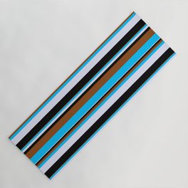 [ Thumbnail: Brown, Deep Sky Blue, Lavender, and Black Colored Pattern of Stripes Yoga Mat ]