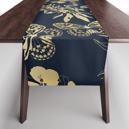 Exotic Floral and Butterfly Art Navy and Gold Table Runner