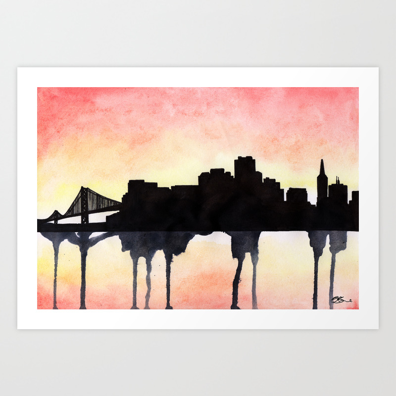 San Francisco Watercolour Skyline Art Print By Paintthemoment Society6 Watercolor drawing featuring san francisco skyline with silhouettes of its cultural landmarks. society6