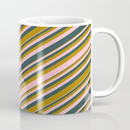 [ Thumbnail: Pink, Dark Slate Gray, and Dark Goldenrod Colored Lines Pattern Coffee Mug ]