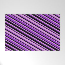 [ Thumbnail: Dark Orchid, Black, and Plum Colored Stripes Pattern Welcome Mat ]