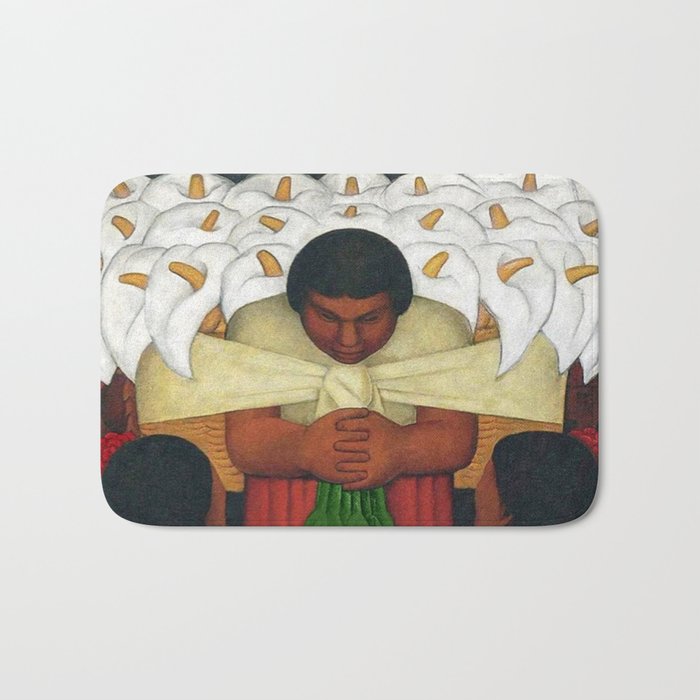 Calla Lilies in white Flower Vendor at the Flower Festival floral portrait painting by Diego Rivera Bath Mat
