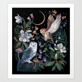 Owls Mushroom Magnolia Art Print