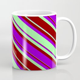 [ Thumbnail: Green, Maroon, and Dark Violet Colored Lined/Striped Pattern Coffee Mug ]